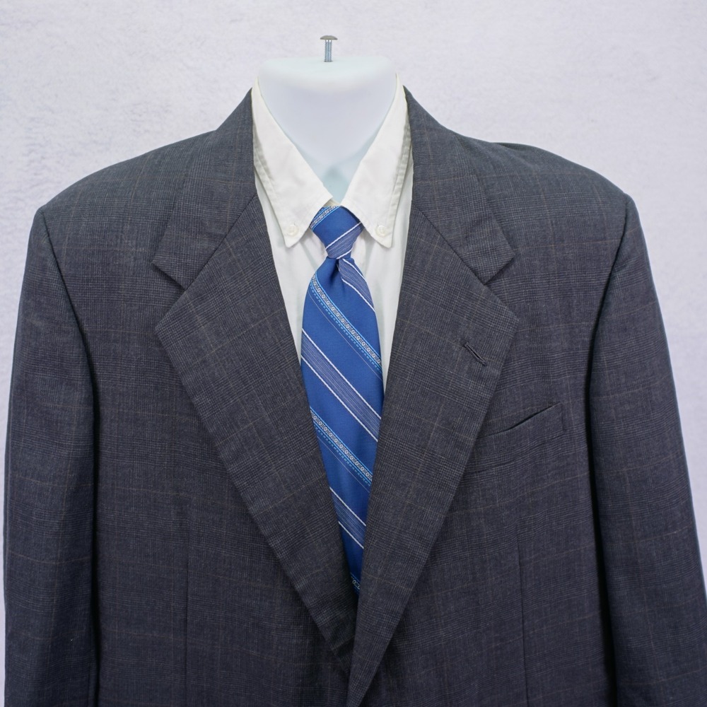 Vintage Hickey Freeman Gray Plaid W/ Brown‎ Windowpane 2 Button Blazer 40L